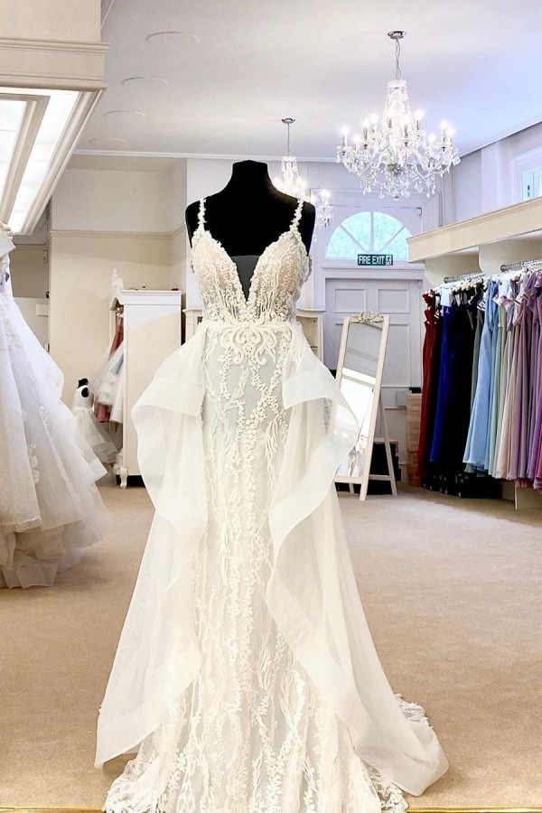 Long Mermaid V-neck Spaghetti Straps Backless Lace Wedding Dress with Detachable Train - YESBABYONLINE