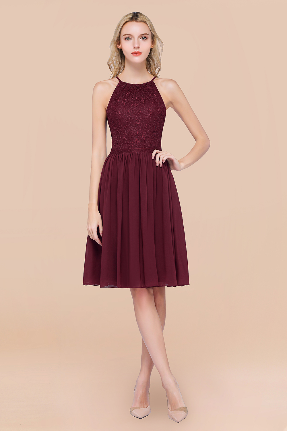 Short A line Lace Sleeveless Knee Length Bridesmaid Dresses with Ruffles - YESBABYONLINE
