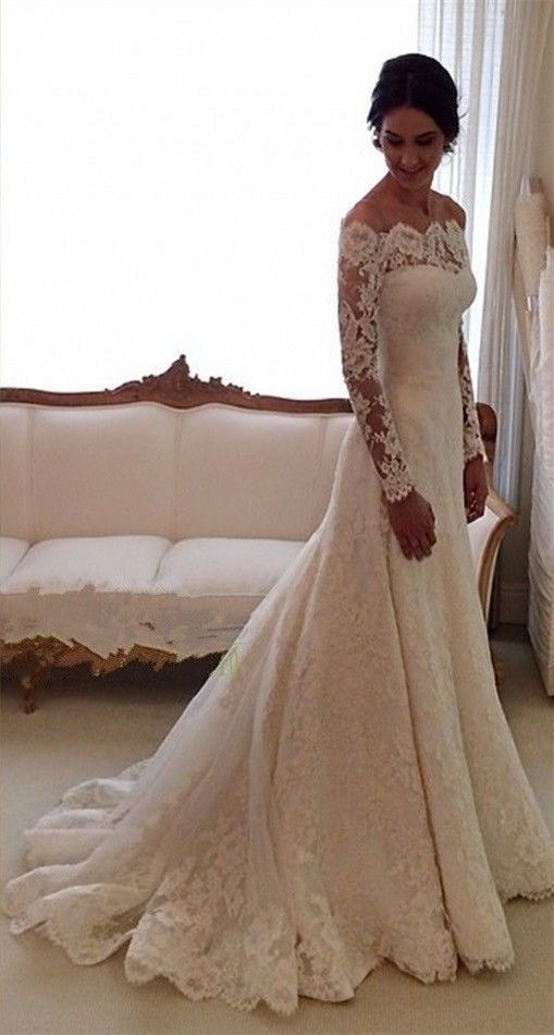 Lace Off-the-Shoulder Long Sleeves Glamorous A-line Wedding Dresses - YESBABYONLINE