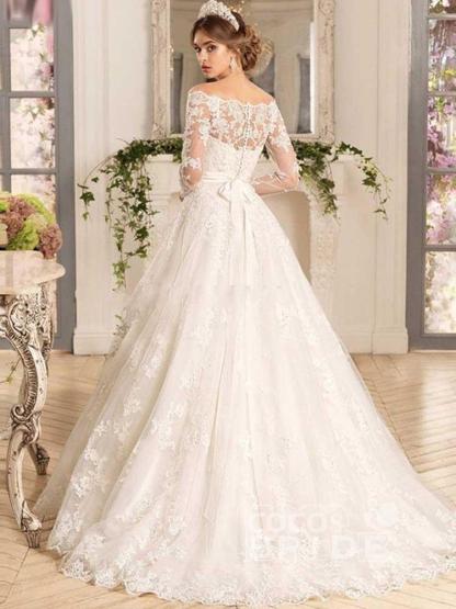 Classy Long Sleeves Off the Shoulder Appliques Lace A-Line Ruffles Wedding Dress - YESBABYONLINE
