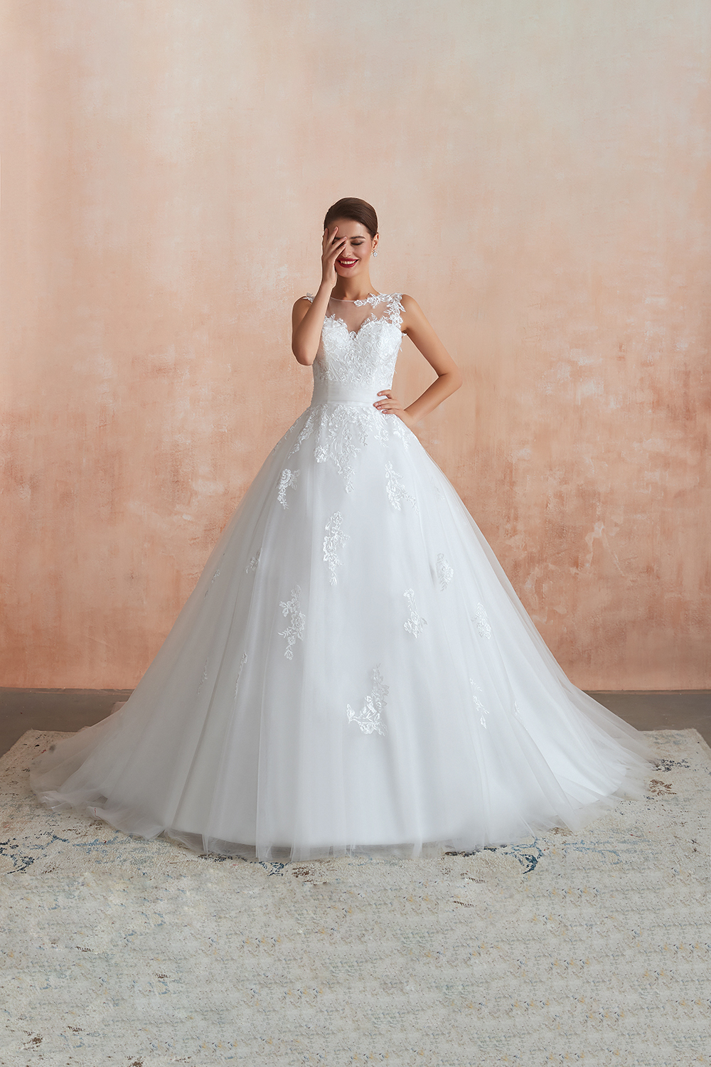 Long A-line Tulle Lace Floor Length Bateau Sleeveless Wedding Dresses - YESBABYONLINE