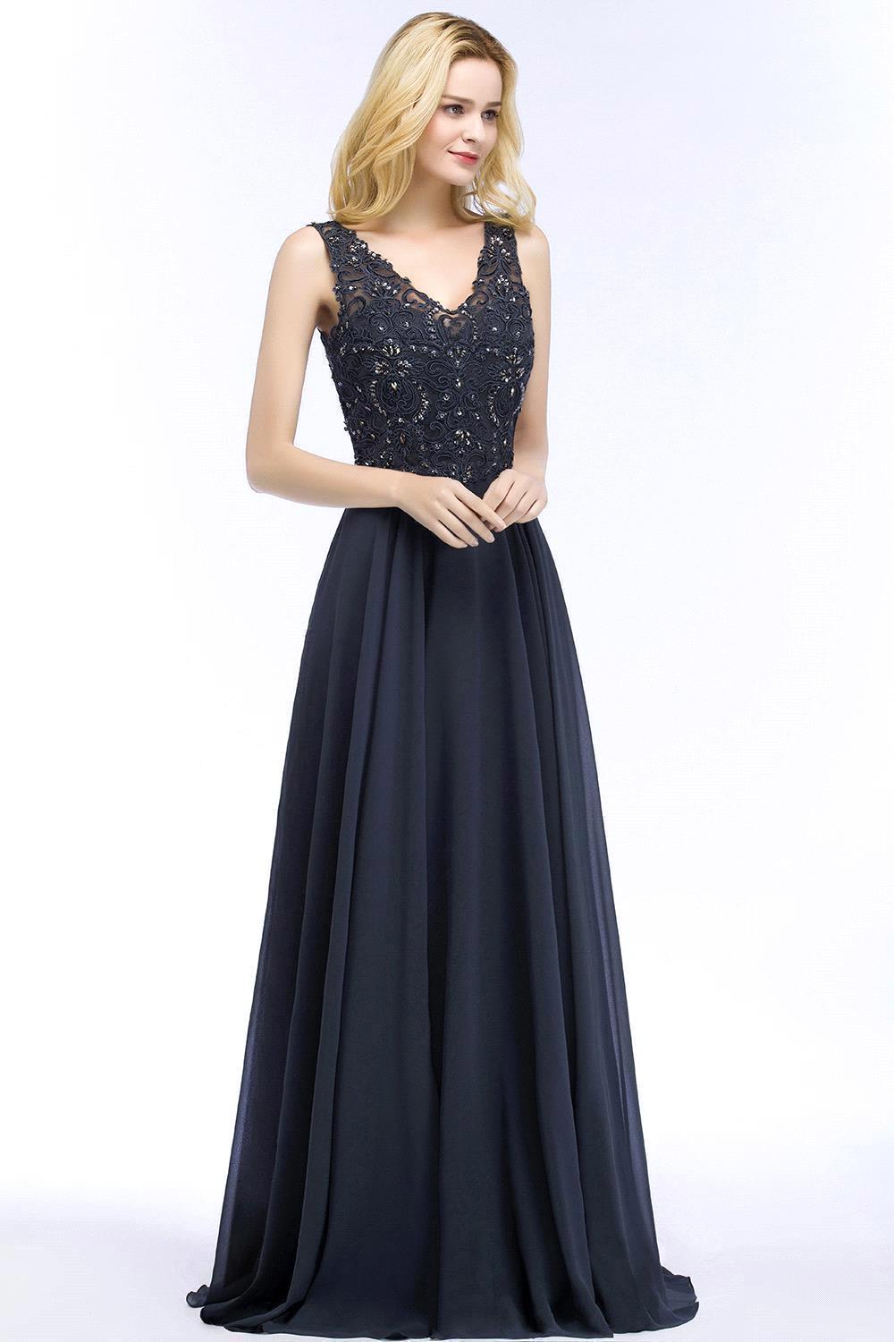 Long A-line Straps V Neck Applique Lace Floor Length Chiffon Bridesmaid Dresses - YESBABYONLINE