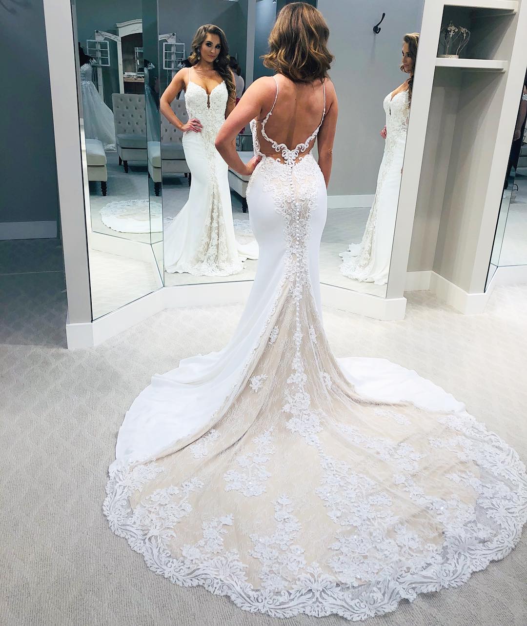 Long Memaid Spaghetti Strap Sweetheart Lace Backless Wedding Dresses - YESBABYONLINE