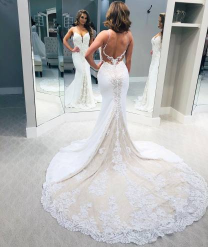 Long Memaid Spaghetti Strap Sweetheart Lace Backless Wedding Dresses - YESBABYONLINE