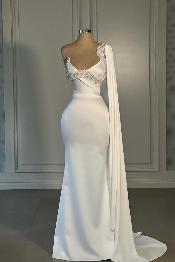 Strapless Long Satin White Mermaid Prom Dress with Long Cape  YESBABYONLINE