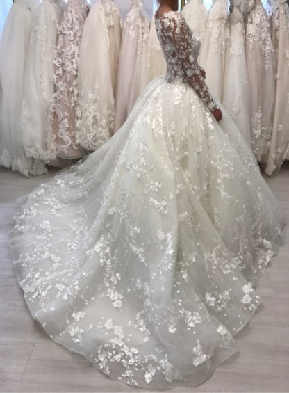 Long Ball Gown Round Neck Tulle Lace Wedding Dresses with Sleeves - YESBABYONLINE