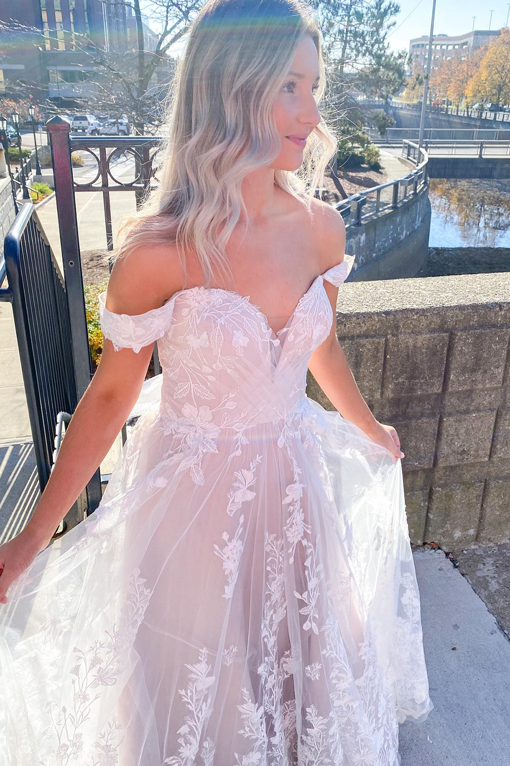 Charming Long A-line Appliques Lace Off the Shoulder Tulle Wedding Dress - YESBABYONLINE