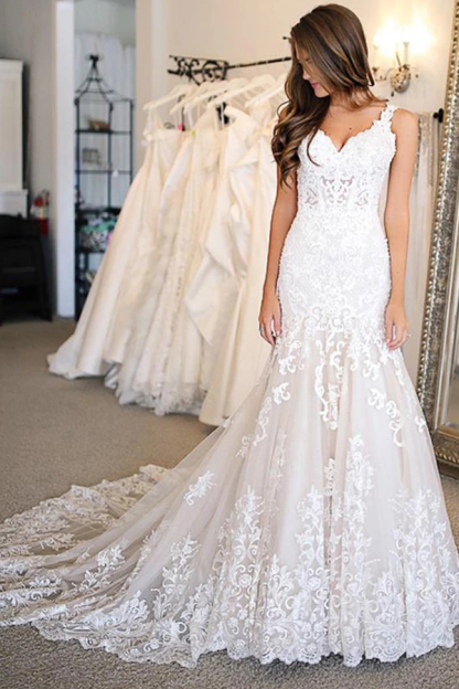 White Long Mermiad Sleeveless Sweetheart Tulle Wedding Dresses With Appliques - YESBABYONLINE