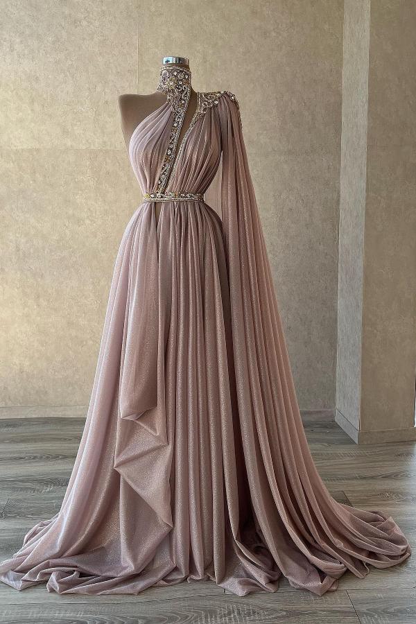 Long High Neck One Shoulder A-Line Sequined Chiffon Prom Dresses - YESBABYONLINE