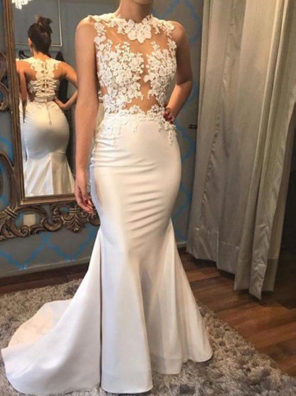 White Long Mermaid Sleeveless Applique Lace Satin Wedding Dresses - YESBABYONLINE