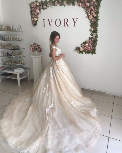 Long A-line Off the Shoulder Backless Applique Lace Tulle Wedding Dresses - YESBABYONLINE