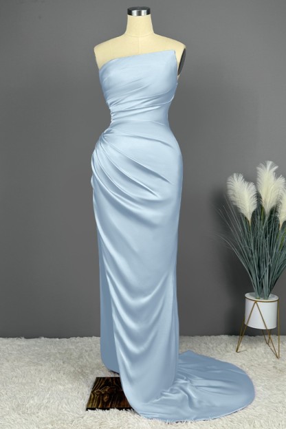 Elegant Long Strapless Sleeveless Mermaid Satin Prom Dresses with Slit - YESBABYONLINE