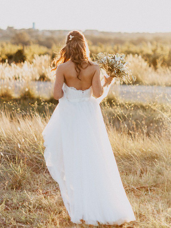 Long A-line Sweetheart Floor-Length Tulle Sleeveless Wedding Dresses - YESBABYONLINE