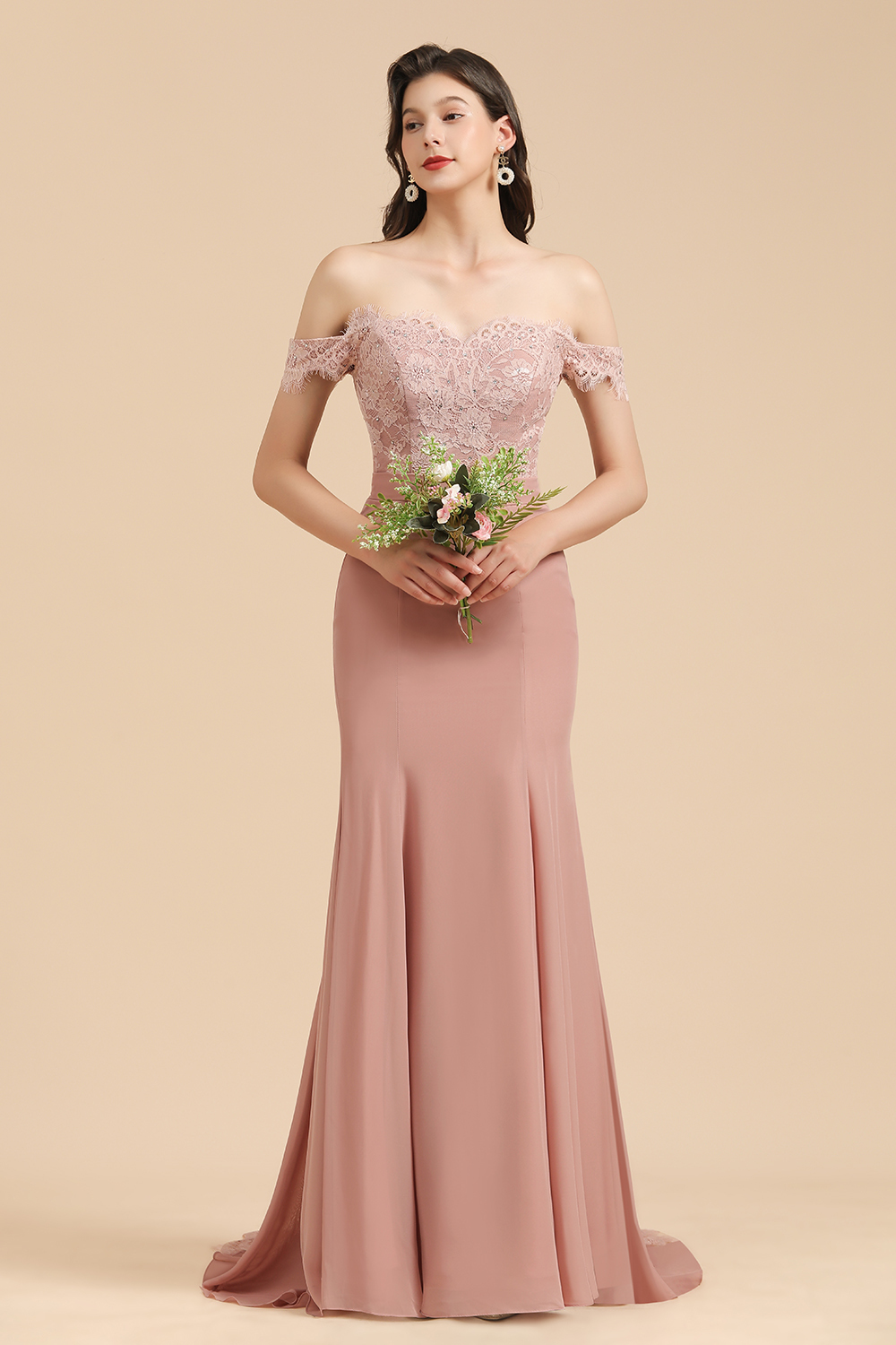 Long Off the Shoulder Floral Lace Appliques Mermaid Bridesmaid Dress - YESBABYONLINE
