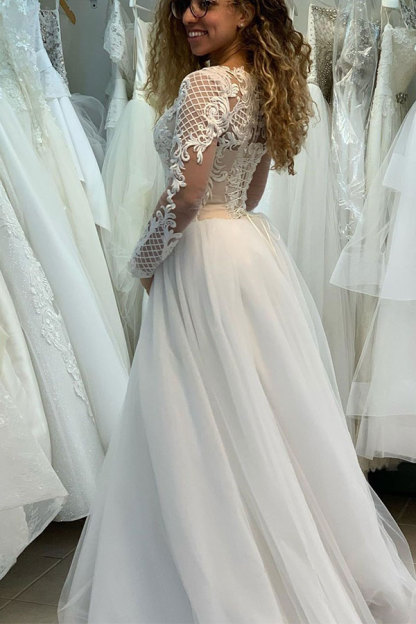Elegant Long Sleeves Bateau A-line Floor length Tulle Lace Wedding Dresses - YESBABYONLINE