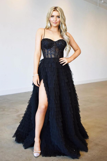 Stylish Long Spaghetti Straps Sleeveless A-Line Tulle Prom Dresses with Split - YESBABYONLINE