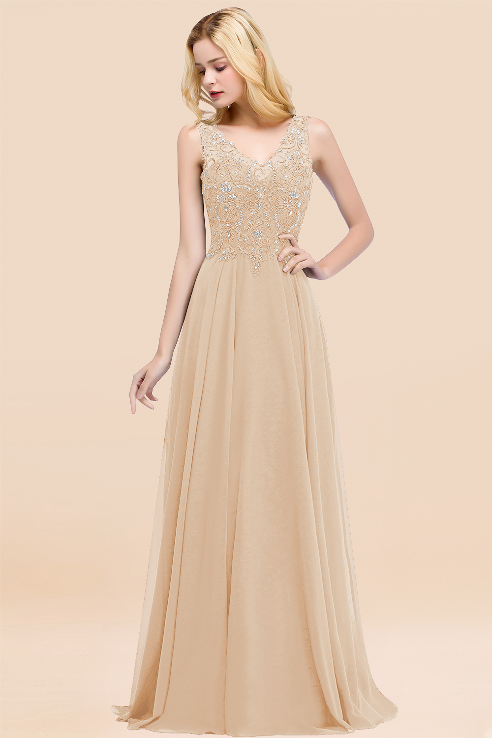 Long A-line Straps V Neck Applique Lace Floor Length Chiffon Bridesmaid Dresses - YESBABYONLINE