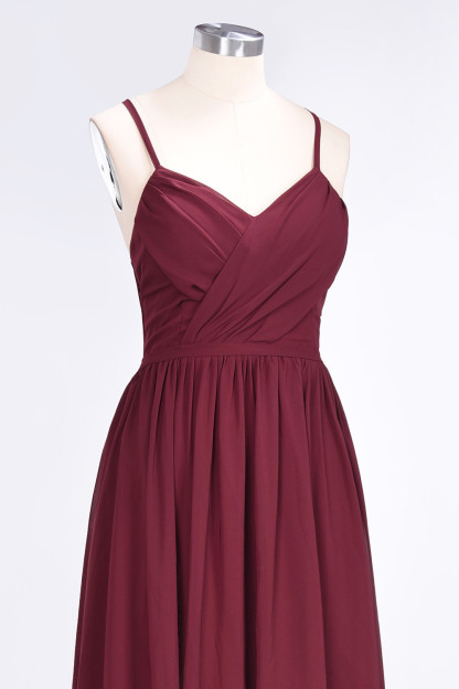 A-Line Spaghetti-Straps V-Neck Sleeveless Floor-Length Bridesmaid Dress with Ruffles - YESBABYONLINE