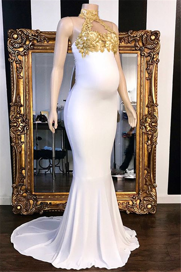 Elegant Long High Neck Pregnant Mermaid Prom Dresses with Appliques Lace - YESBABYONLINE