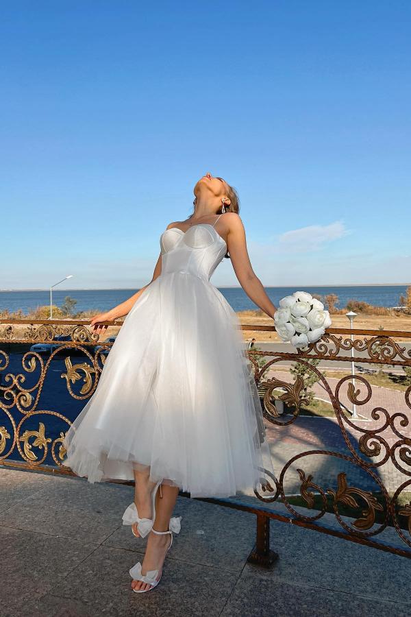 Short A line Spaghetti Strap Sweetheart Tea Length Sleeveless Tulle Wedding Dresses with Ruffles - YESBABYONLINE