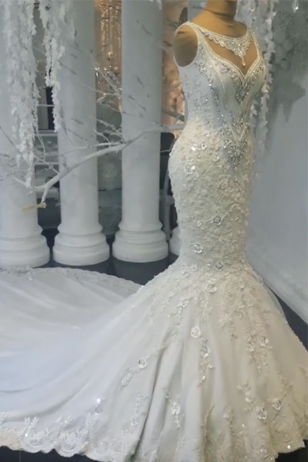 Charming Long Mermaid Sweetheart Tulle Sleeveless Wedding Dresses - YESBABYONLINE