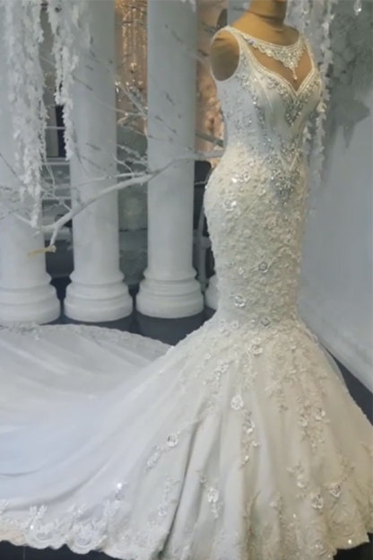 Charming Long Mermaid Sweetheart Tulle Sleeveless Wedding Dresses - YESBABYONLINE