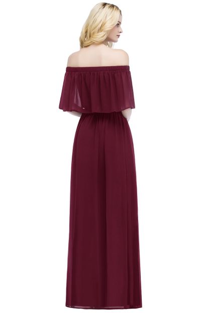 Long A line Off the Shoulder Ruffles Floor Length Chiffon Bridesmaid Dress - YESBABYONLINE