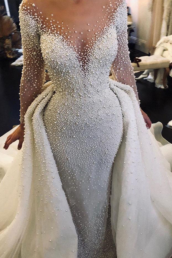 Ivory Long Sleeves V-neck Tulle Backless Wedding Dresses with Detachable Train - YESBABYONLINE