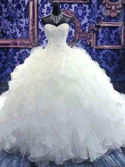 Long Ball Gown Sweetheart Organza Beaded Sleeveless Wedding Dresses - YESBABYONLINE