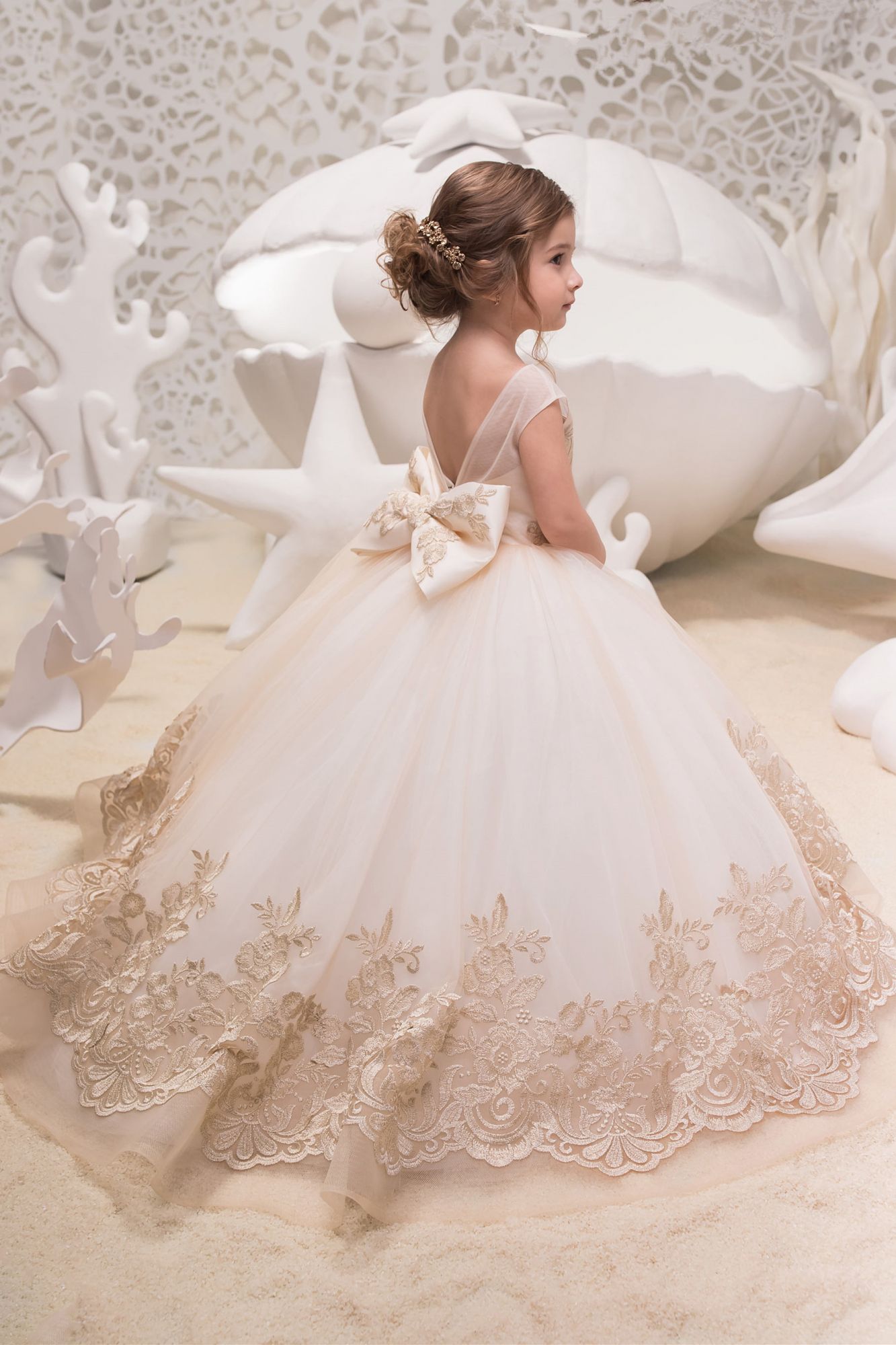 Sweet Long Ball Gown Scoop Lace Applique Flower Girl Dresses with Bow - YESBABYONLINE