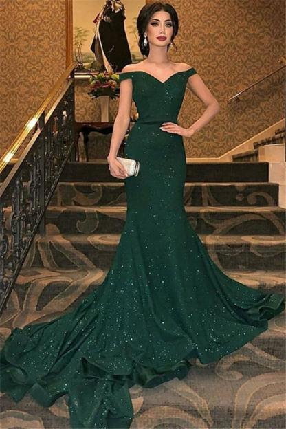 Elegant Long Off-The-Shoulder V-Neck Mermaid Prom Dresses with Train - YESBABYONLINE