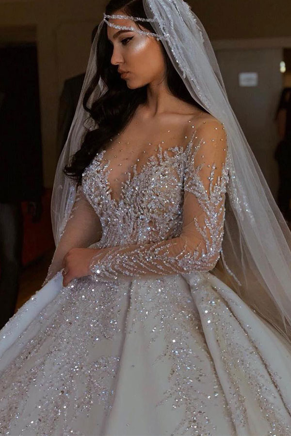 Luxury Long Sleeves Ball Gown Satin Beaded Floor Length Wedding Dresses - YESBABYONLINE