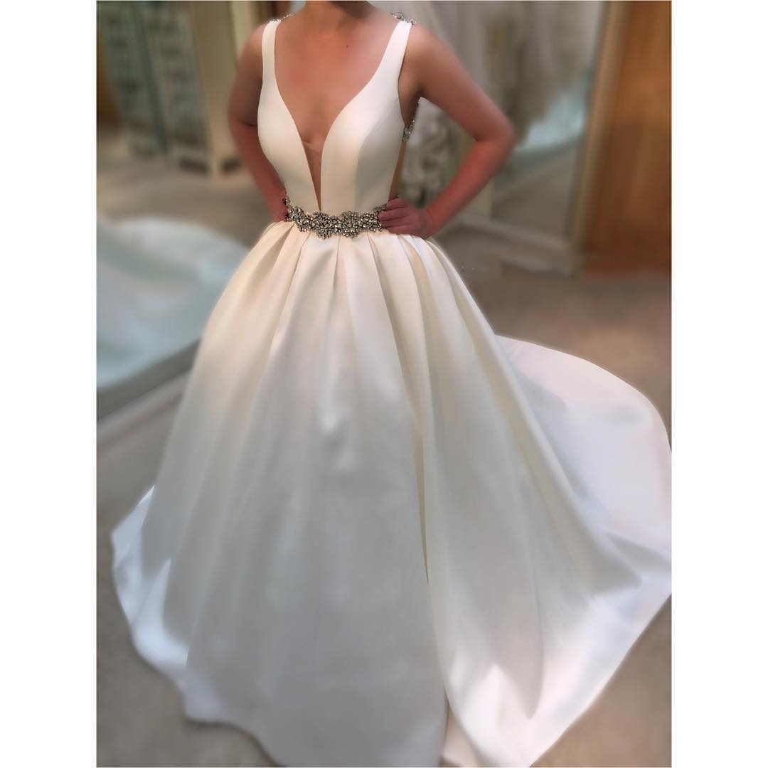 White Long Ball Gown V-Neck Sleeveless Satin Wedding Dresses - YESBABYONLINE
