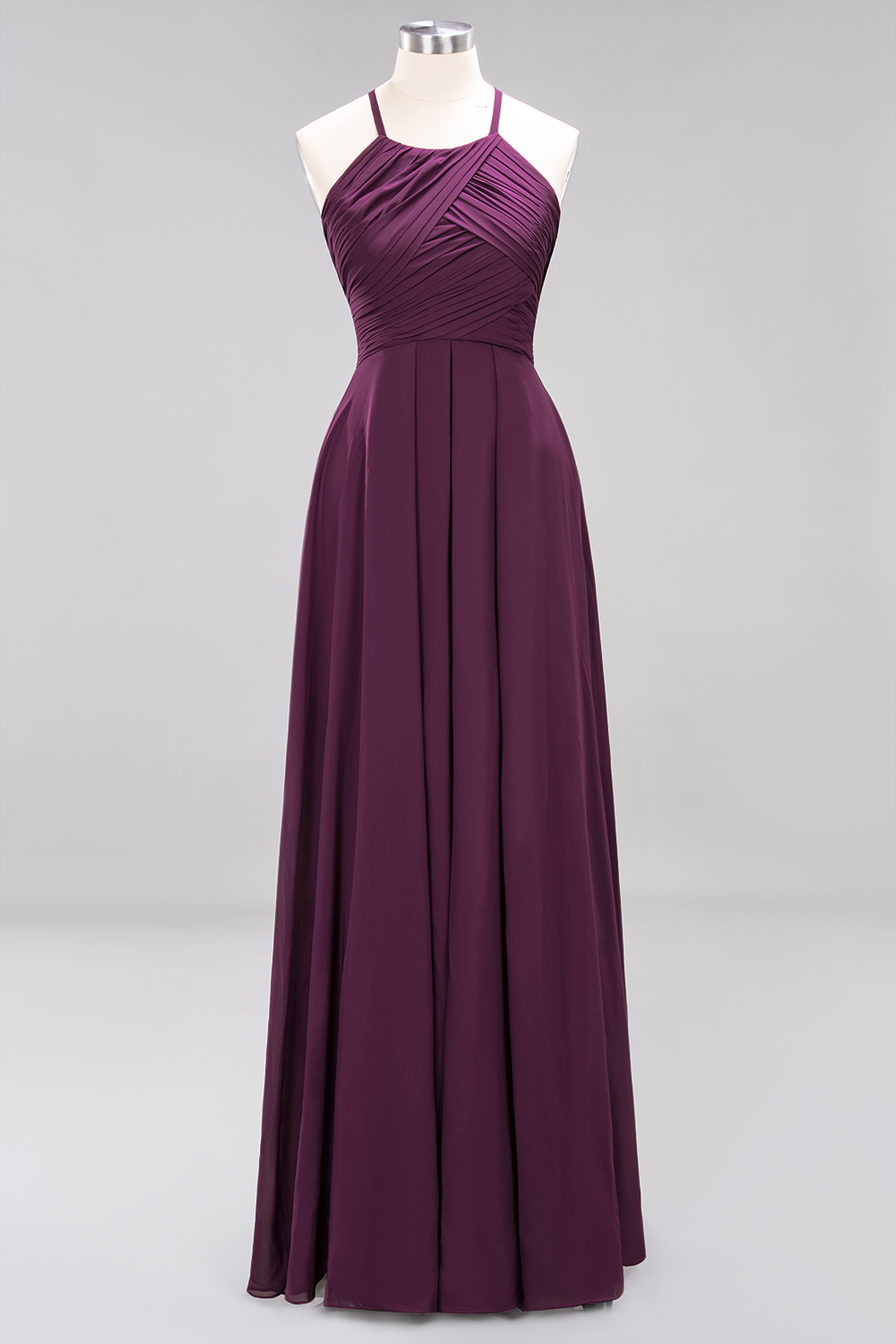 Long A-Line Halter Ruffles Floor-Length Chiffon Bridesmaid Dress - YESBABYONLINE