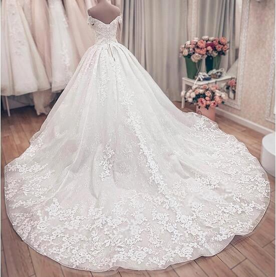 Long Off the Shoulder Tulle Lace Ball Gown Wedding Dresses - YESBABYONLINE