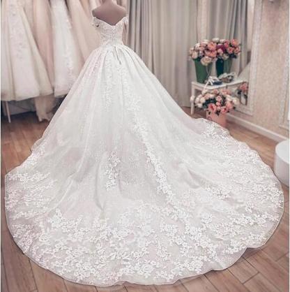 Long Off the Shoulder Tulle Lace Ball Gown Wedding Dresses - YESBABYONLINE