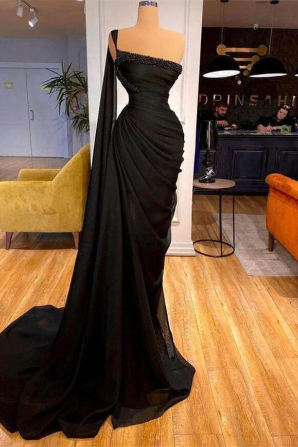 Chic Black Long One Shoulder Sleeveless Mermaid Satin Prom Dresses with Beads - YESBABYONLINE