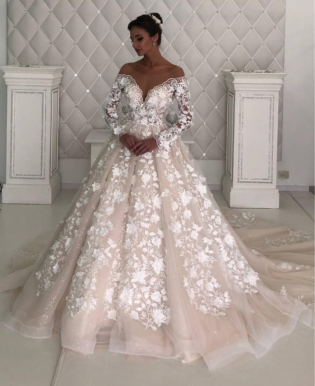 Elegant Long Off The Shoulder Tulle Lace A-Line Wedding Dresses with Sleeves - YESBABYONLINE