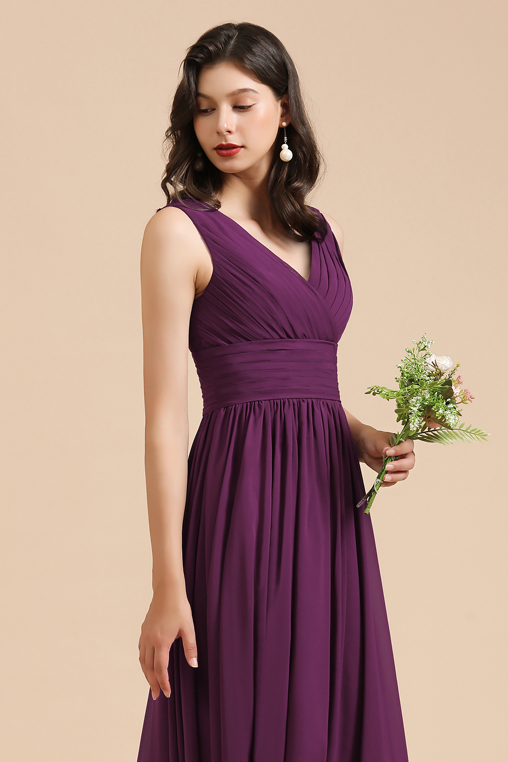 Elegant Long V Neck A Line Floor Length Chiffon Bridesmaid Dresses - YESBABYONLINE