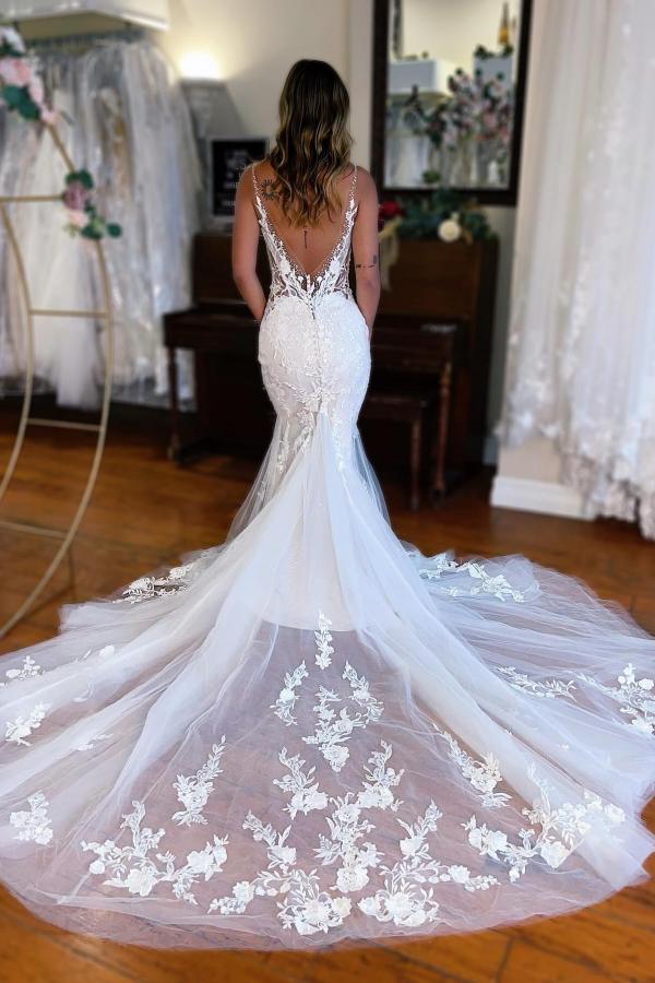 Long V-Neck Sleeveless Mermaid Lace Tulle Backless Wedding Dresses - YESBABYONLINE