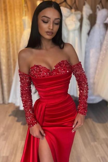 Charming Red Long Sleeves Sweetheart Mermaid Satin Prom Dresses with Split - YESBABYONLINE