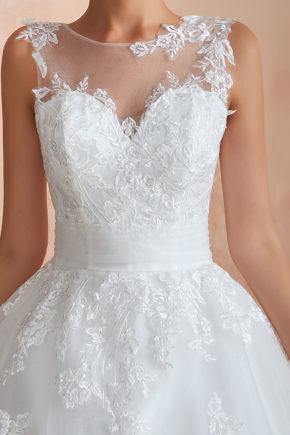 Long A-line Tulle Lace Floor Length Bateau Sleeveless Wedding Dresses - YESBABYONLINE
