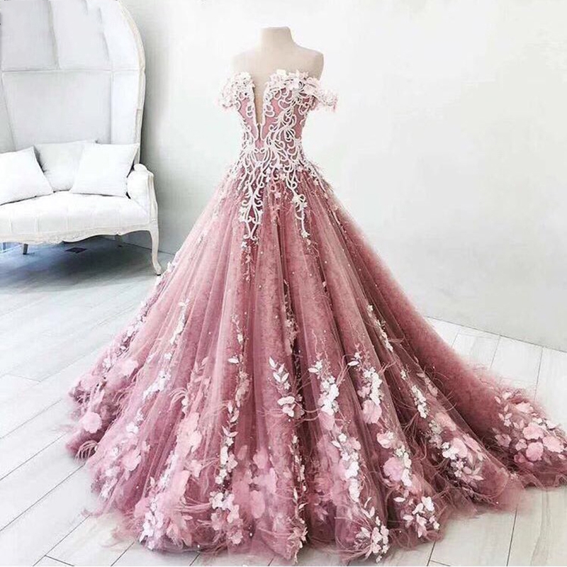 Long Ball Gown Off the Shoulder Tulle Lace Appliques Formal Prom Dresses - YESBABYONLINE