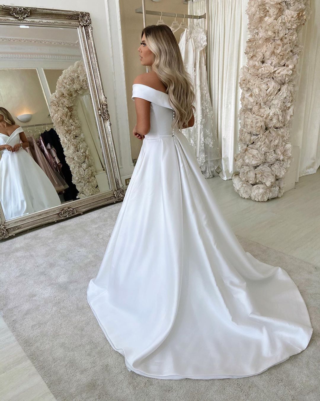 White Long Off The Shoulder Backless A Line Stain Wedding Dresses - YESBABYONLINE