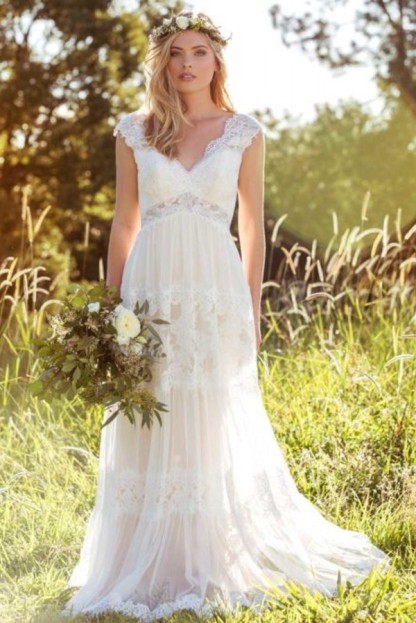 Long A-Line Tulle V-Neck Appliques Lace Backless Wedding Dress - YESBABYONLINE