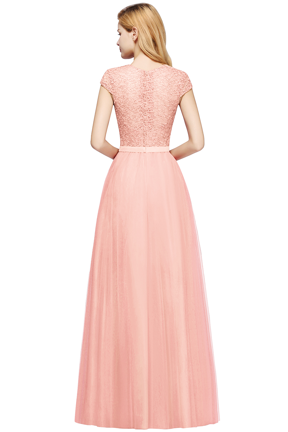 Long A-line Tulle Lace Bridesmaid Dress with Cap Sleeves - YESBABYONLINE