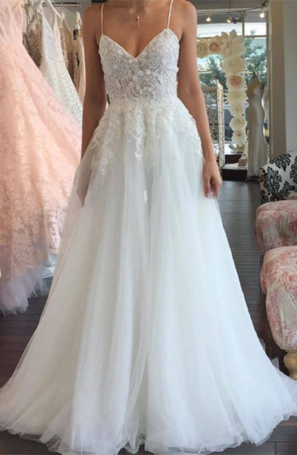 Long A-line Spaghetti Strap Sleeveless Tulle Lace Wedding Dress - YESBABYONLINE