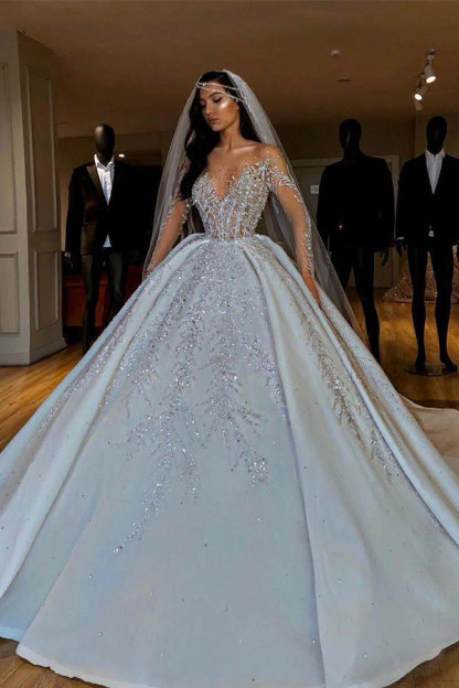 Luxury Long Sleeves Ball Gown Satin Beaded Floor Length Wedding Dresses - YESBABYONLINE
