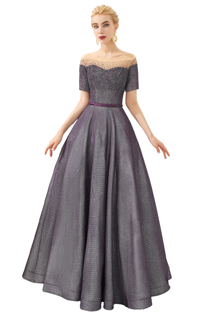 Glamorous Long A-line Round Neckline Floor Length Prom Dresses with Short Sleeves - YESBABYONLINE