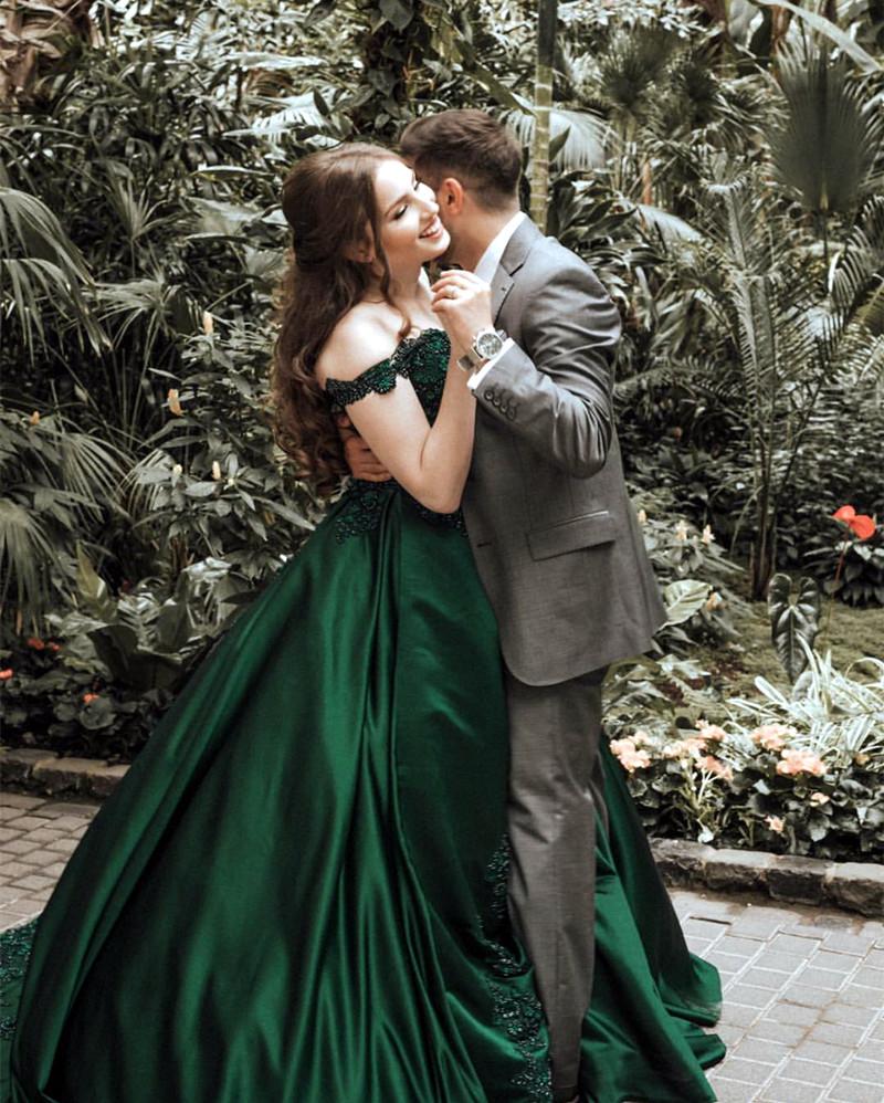 Elegant Dark Green Long Ball Gown Off the Shoulder Satin Prom Dresses - YESBABYONLINE